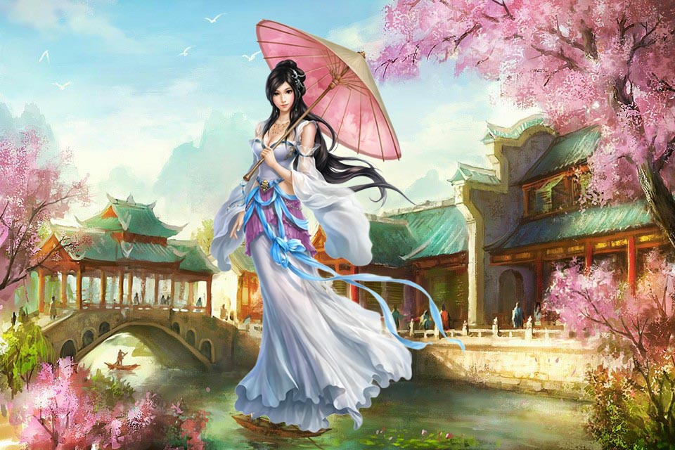 在古香古色的井栏边,一个扎着丸子头的可爱小女孩,拿着犀角状的坠子,独自玩耍。